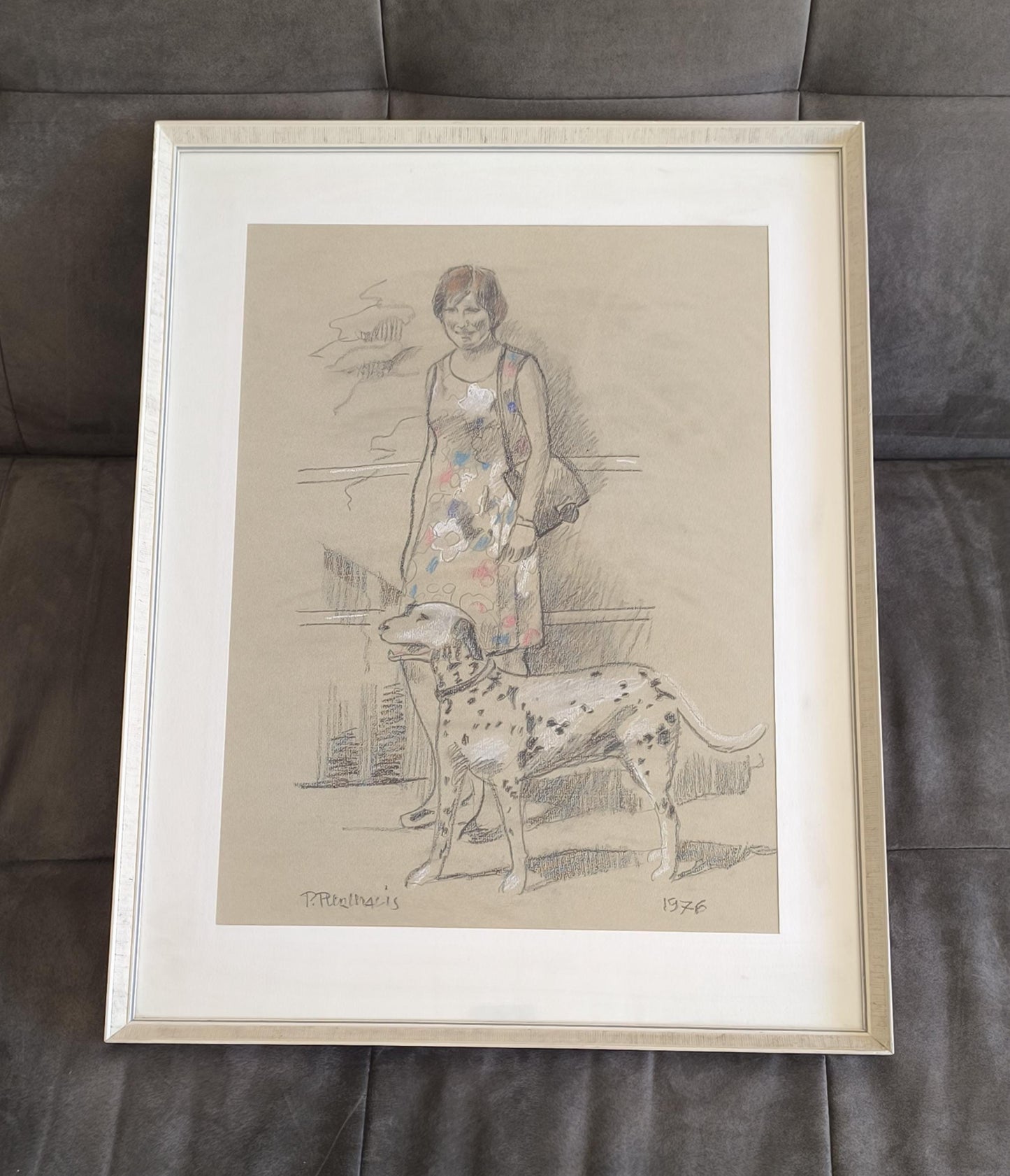 Woman with Dalmatian Drawing, Signed "P. Pennalis", 1976