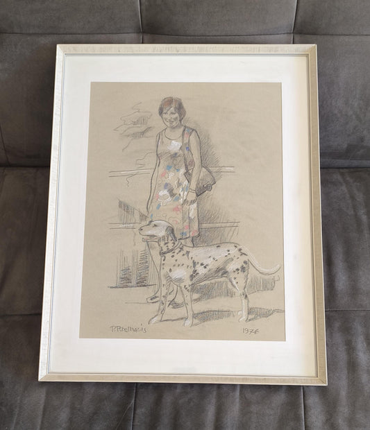 Woman with Dalmatian Drawing, Signed "P. Pennalis", 1976