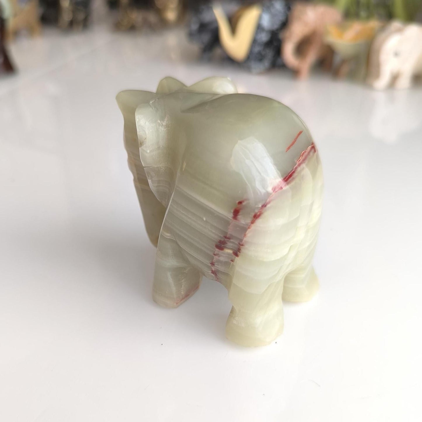 Handmade Heavy Light Green Onyx Elephant Statue with Gray Streaks, 1980s