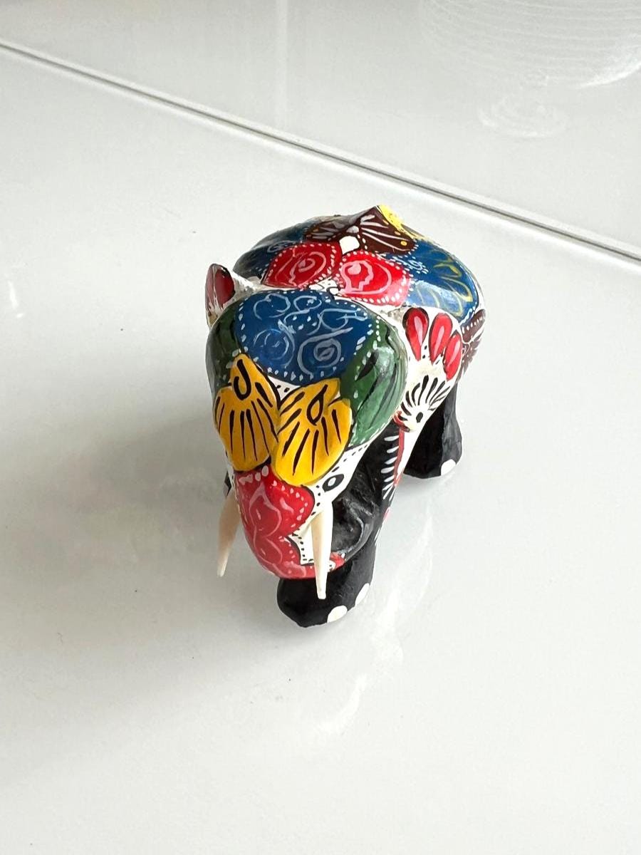 Hand Painted Wooden Elephant Figurine Ornament 1980s
