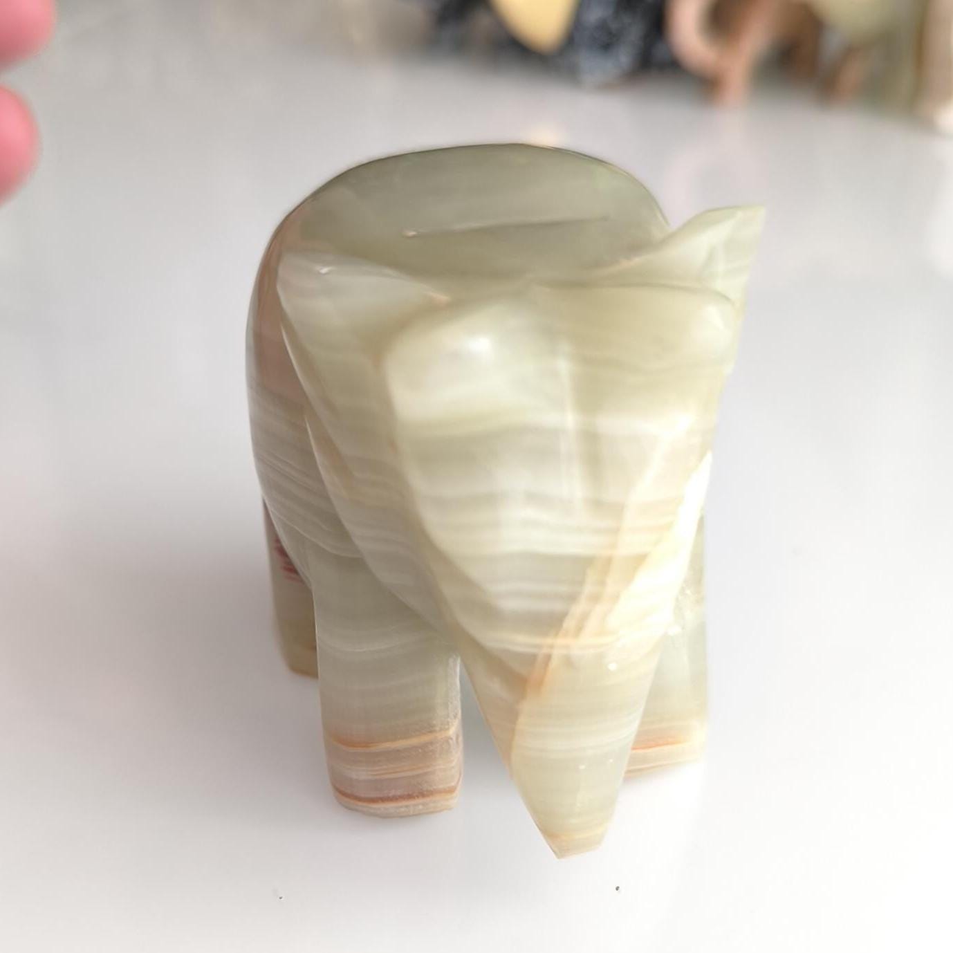 Handmade Heavy Light Green Onyx Elephant Statue with Gray Streaks, 1980s