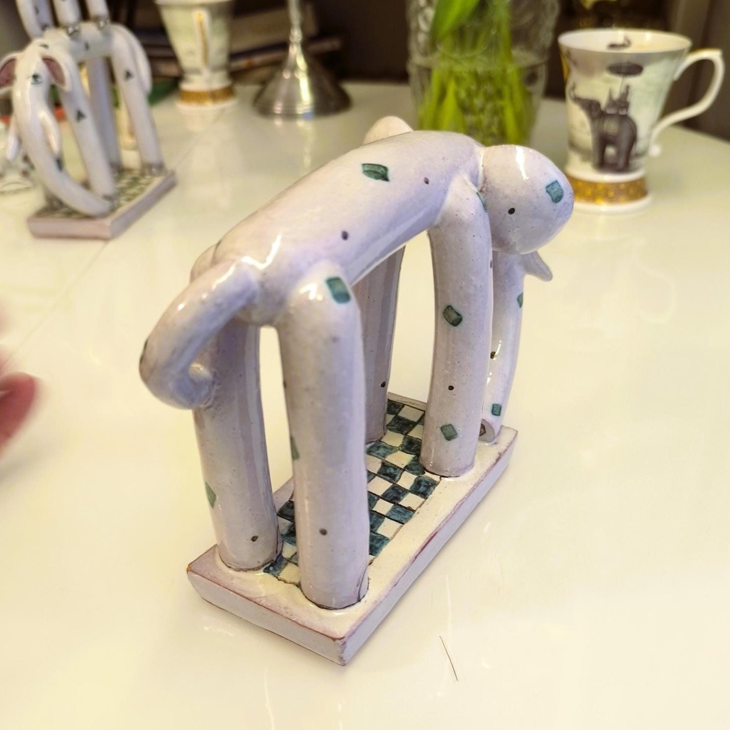 Ceramic Gray Elephants With Ornaments On Base 1970