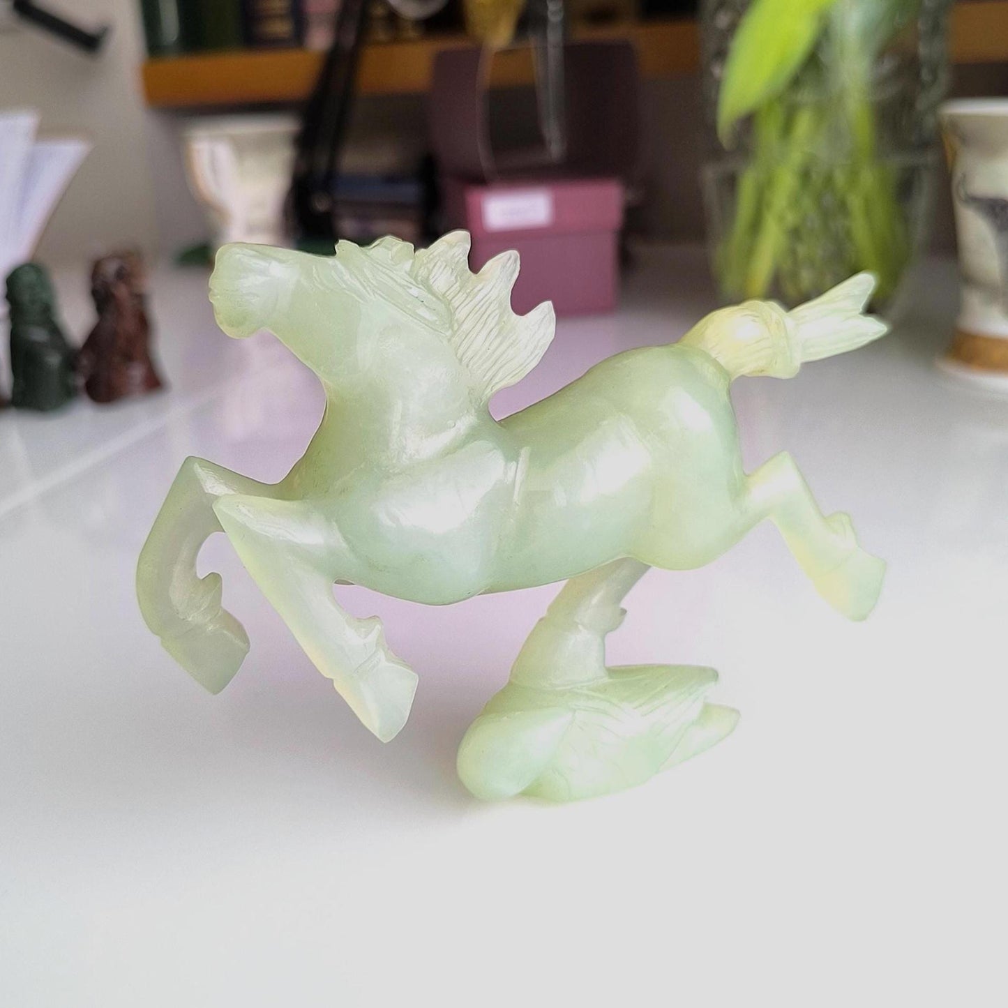 Handmade Light Green Jade Galloping Horse Statue on Bird Base, 1970