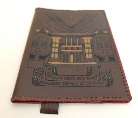 Leather Notebook Cover, Handcrafted Embossed with Lithuanian Inscription: Vilnius State Philharmonic, 1918 Soviet Rule Declaration