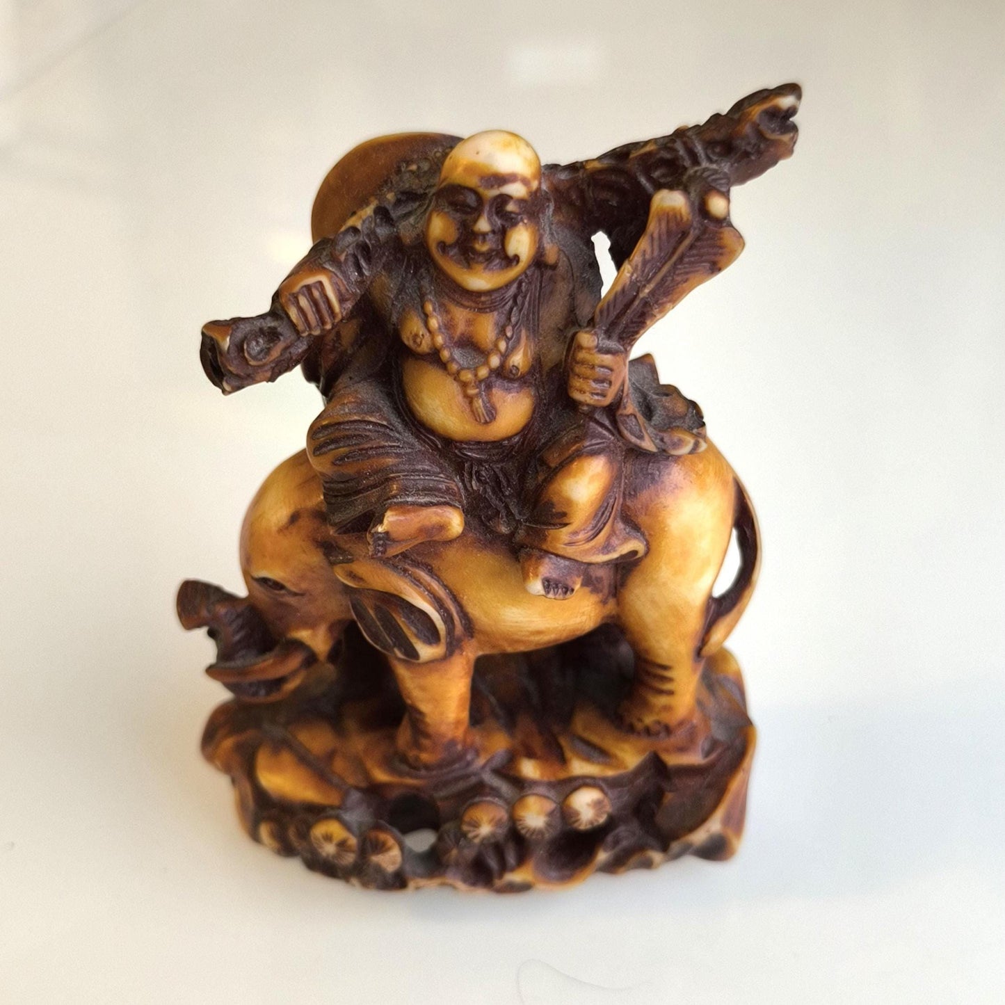 Sitting Buddha on Elephant Statue, Brown Resin 1970s
