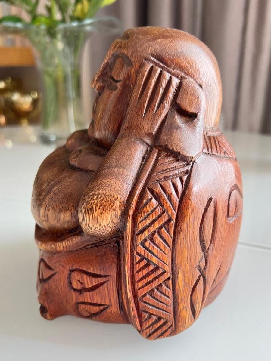 Brown Wood Sitting Buddha Hand-Carved Figurine 1980s