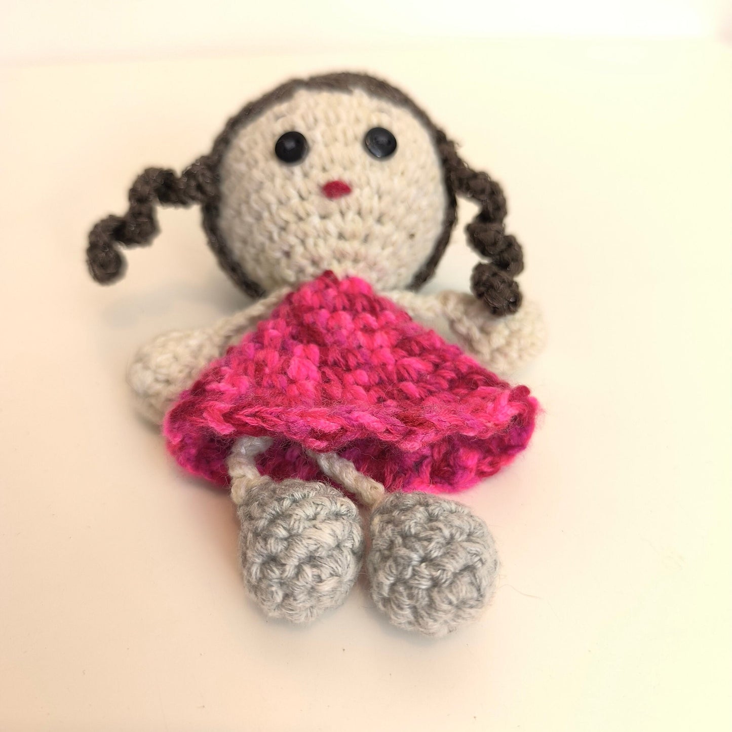 Handmade Knitted Doll, Girl with Dark Hair, Red Dress, Gray Shoes, Collectible Doll