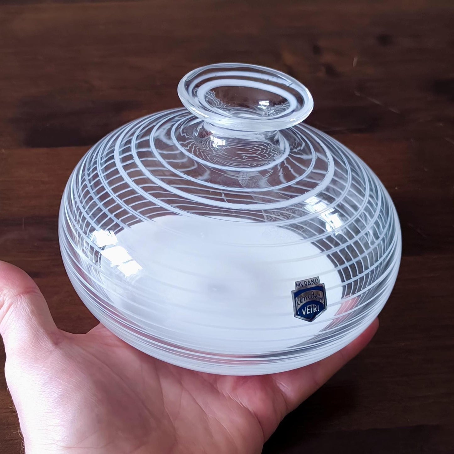 Murano Glass Round and Striped Vase 1980, Original Handmade Clear Crystal