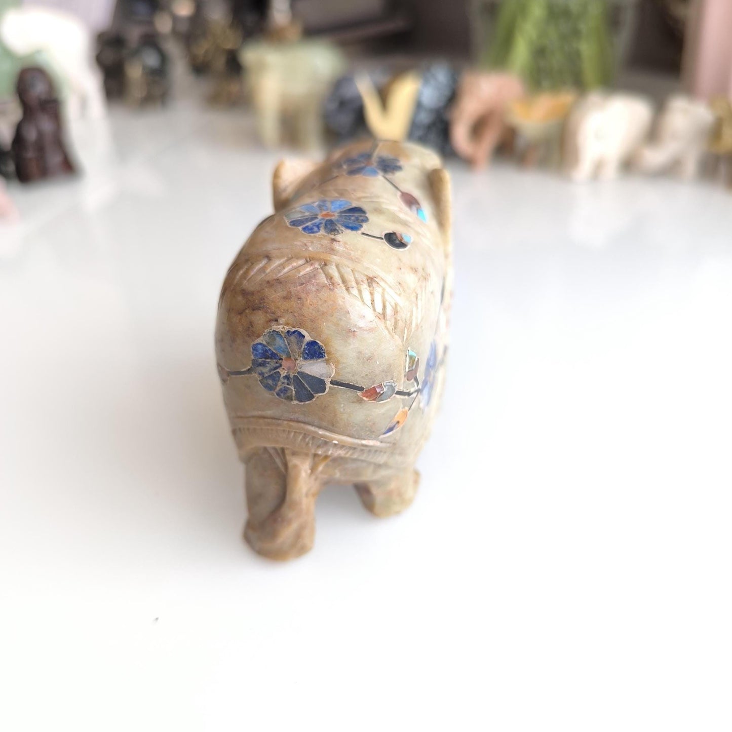 Hand-Carved Asian Elephant Statue with Inlaid Colored Stones, 1980s