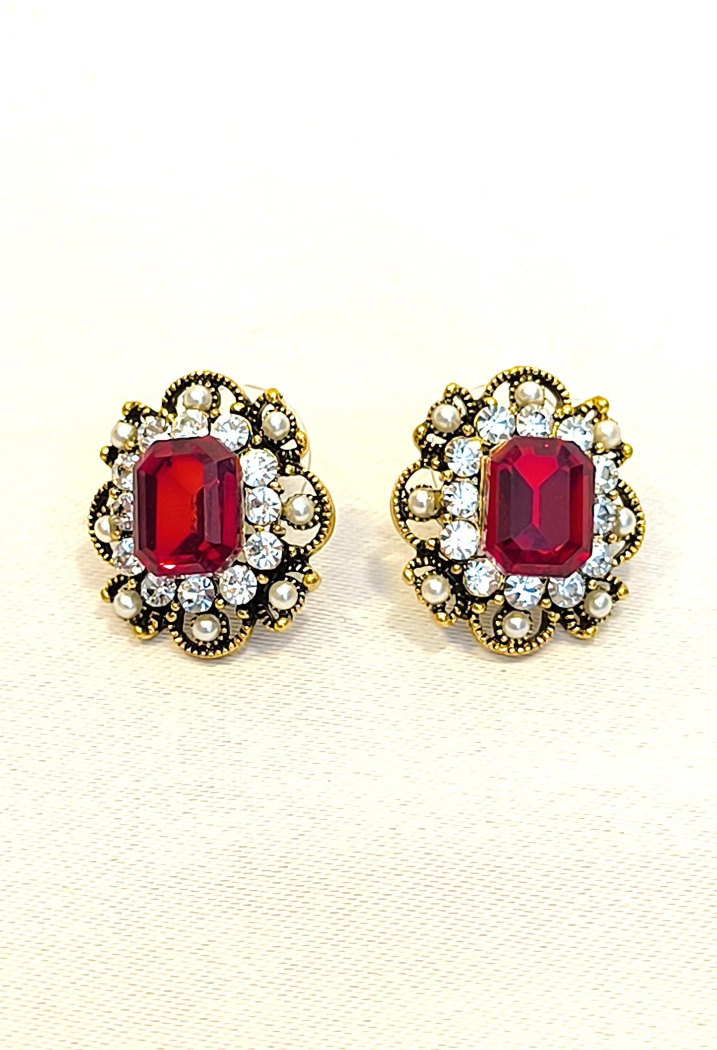 Vintage 2000s 14K Gold-Plated Stud Earrings With Ruby Imitation Swarovski Crystal & Gold Diamond Accents