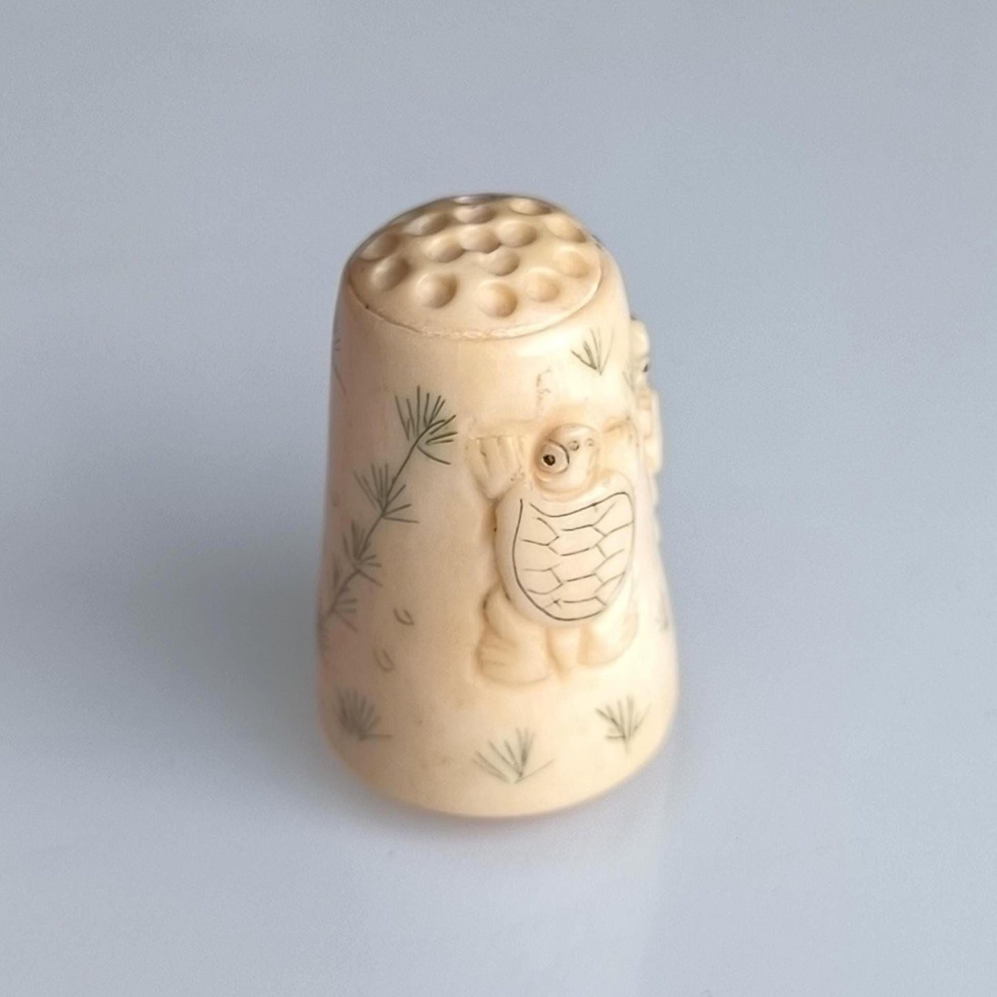 Hand Carved Stone Thimble with Turtle Figurine, 1960