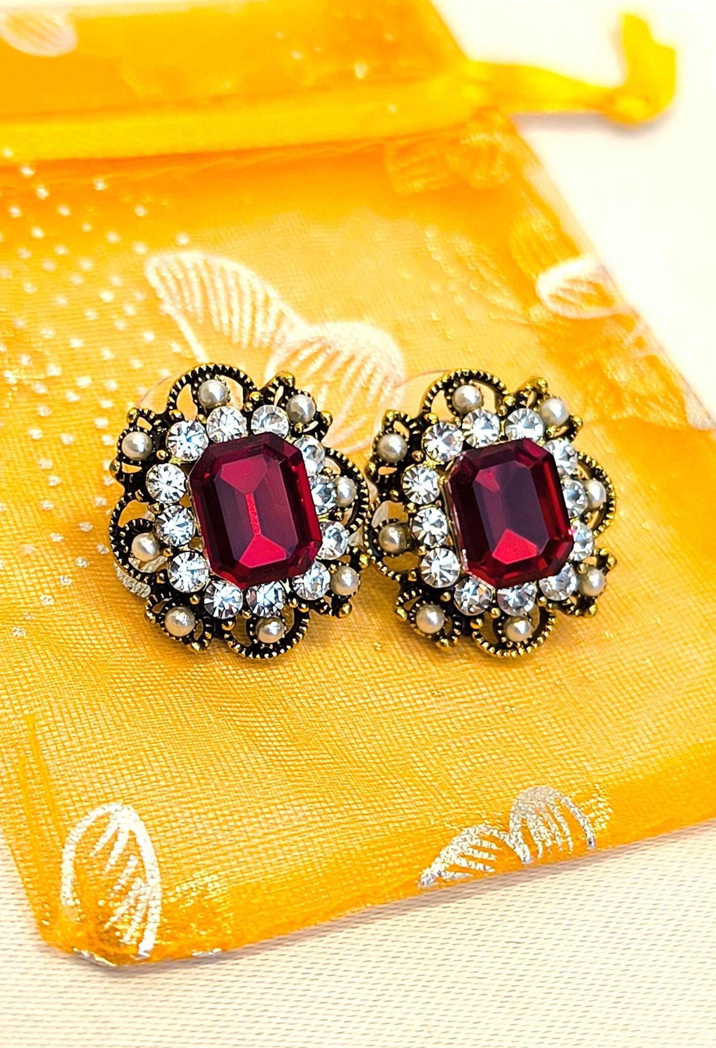 Vintage 2000s 14K Gold-Plated Stud Earrings With Ruby Imitation Swarovski Crystal & Gold Diamond Accents