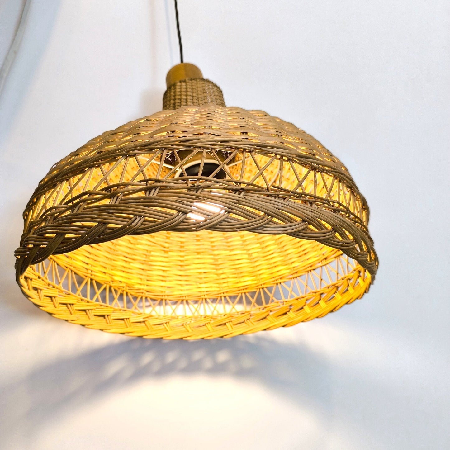Hanging Wicker Lamp, Mid-Century Rattan Pendant Light 1970s