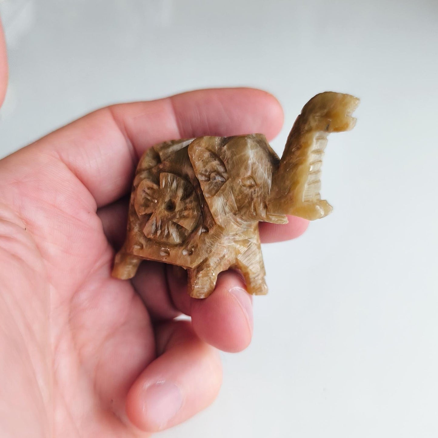 Small Khaki Stone Elephant Raised Trunk Asian Handmade 2000s