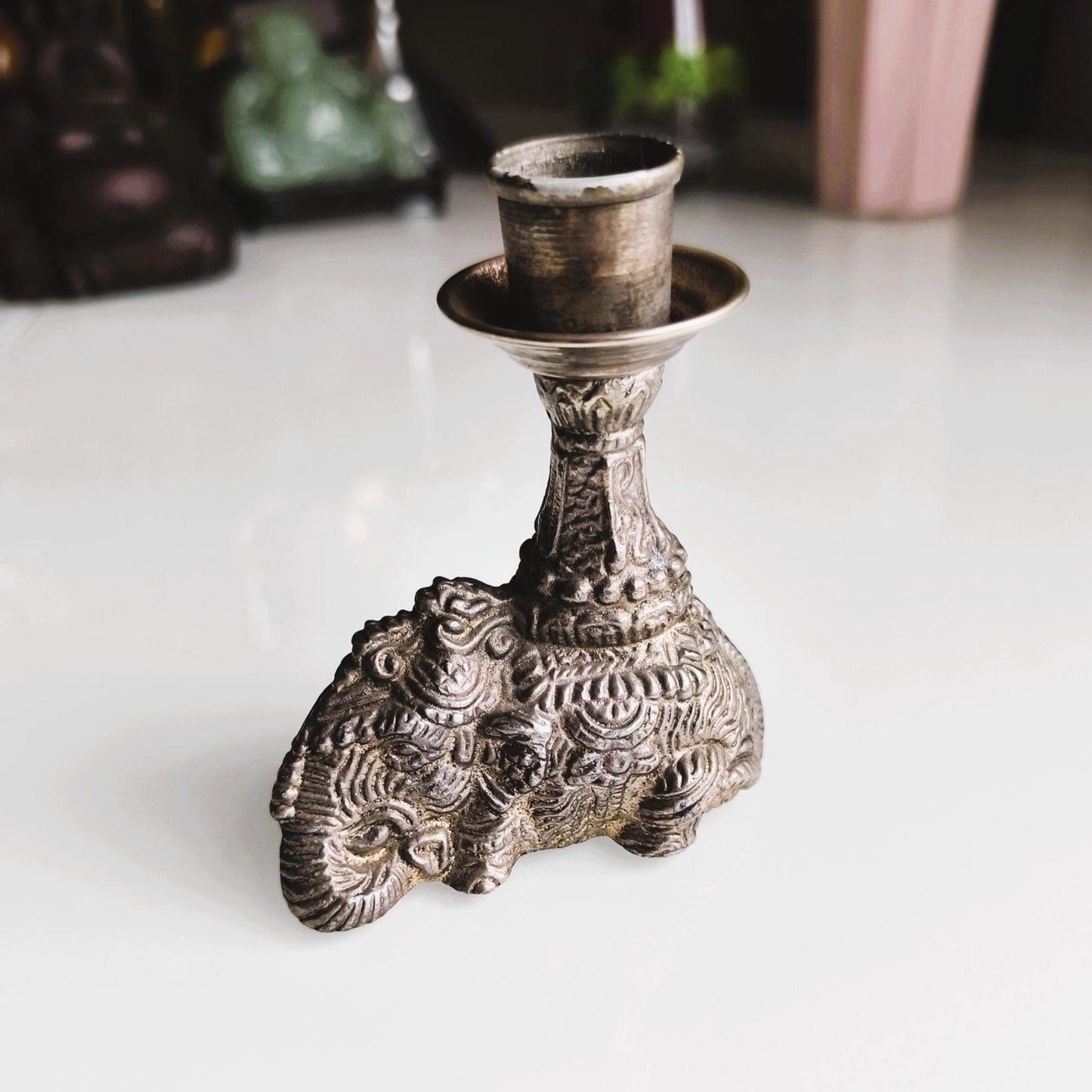 Silver Tone Elephant figurine Candle Holder, Handmade Pewter candlestick 1970s