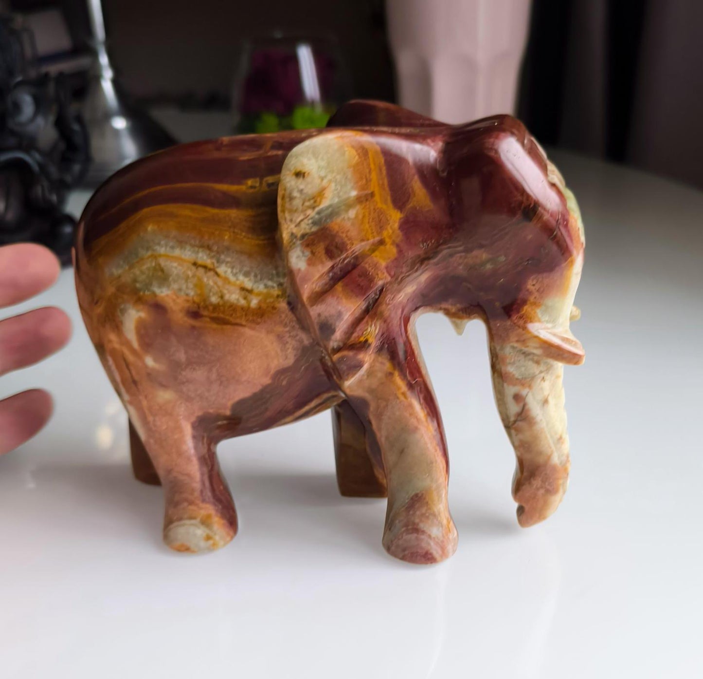 Vintage Handcrafted Onyx Elephant Sculpture, Brown & Green Stone, 16 cm, 1980s