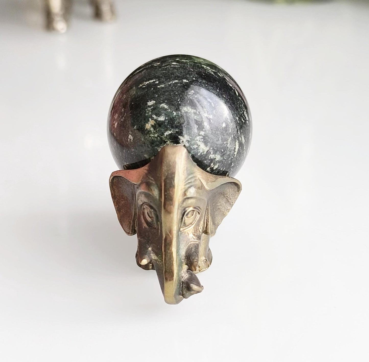 Small Bronze Asian Elephant Statue with Esoteric Black Stone, 1980s