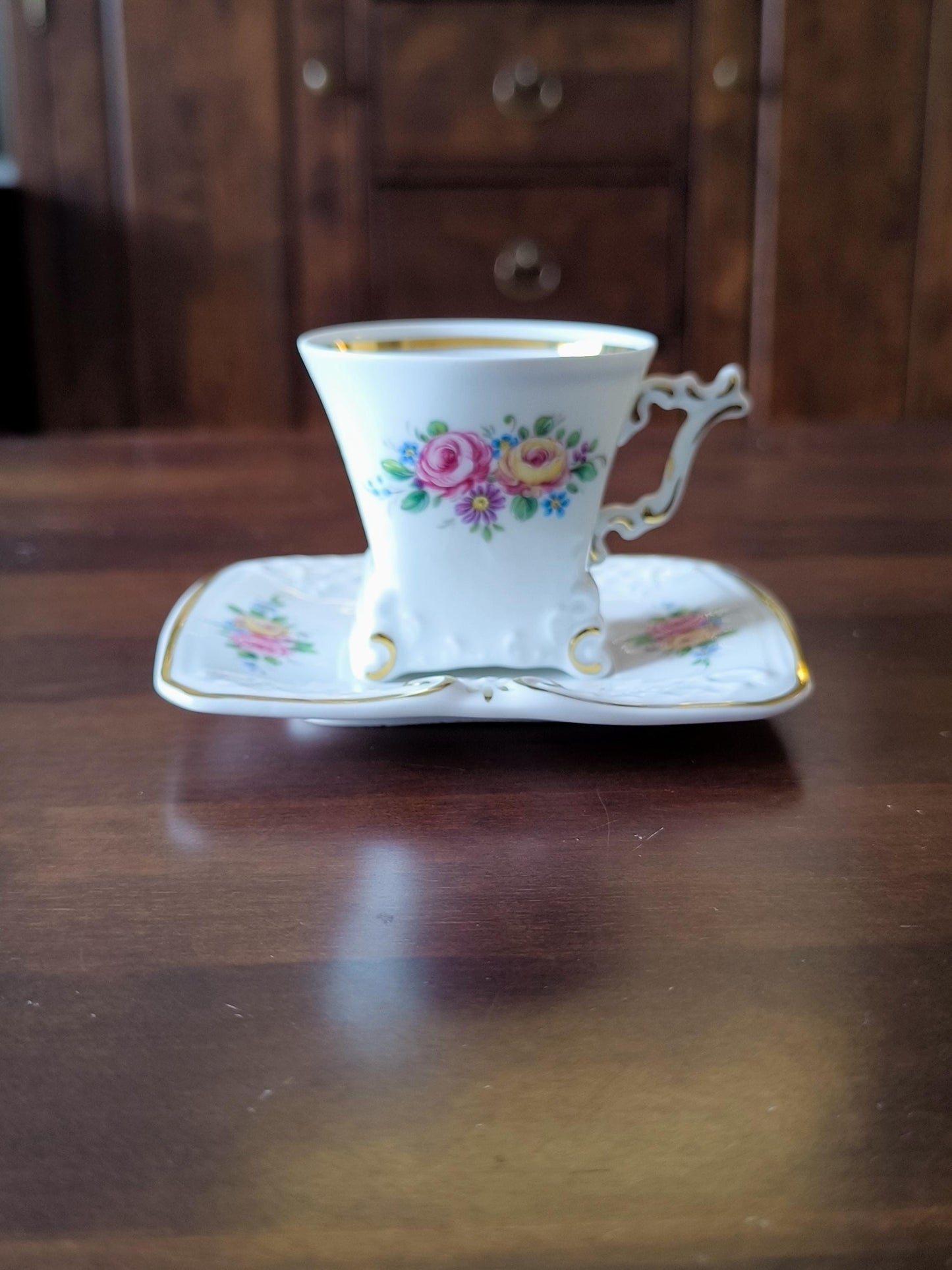 Vintage Gerold Tettau Bavaria Mocha Espresso Cup & Saucer, Floral Porcelain, 1960-1993