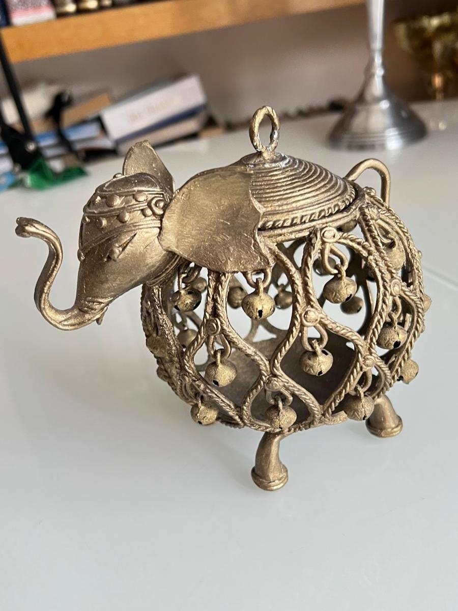 Metal Elephant Lantern Candle Holder with Brass-Tone Finish, 1970s