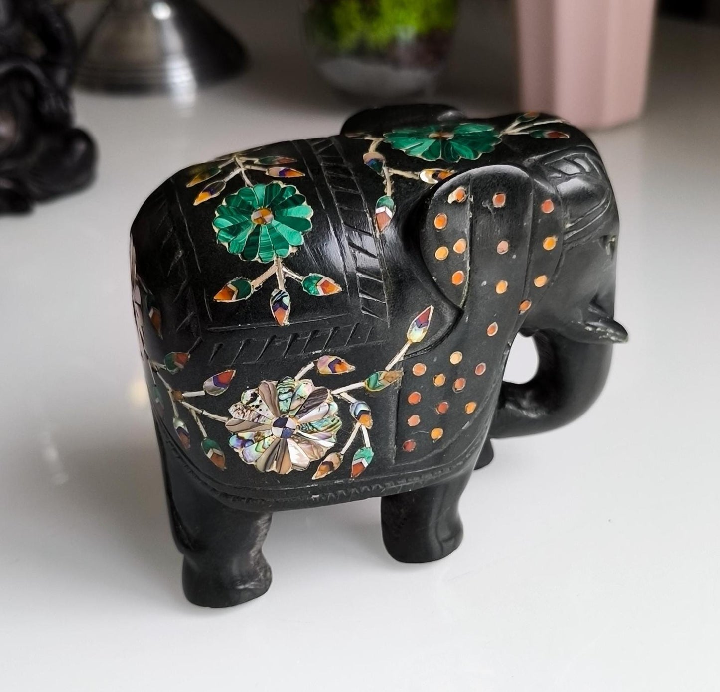 Vintage Black Painted Marble Elephant Statue, Inlaid Gemstones, Handmade 12 cm, 1980s