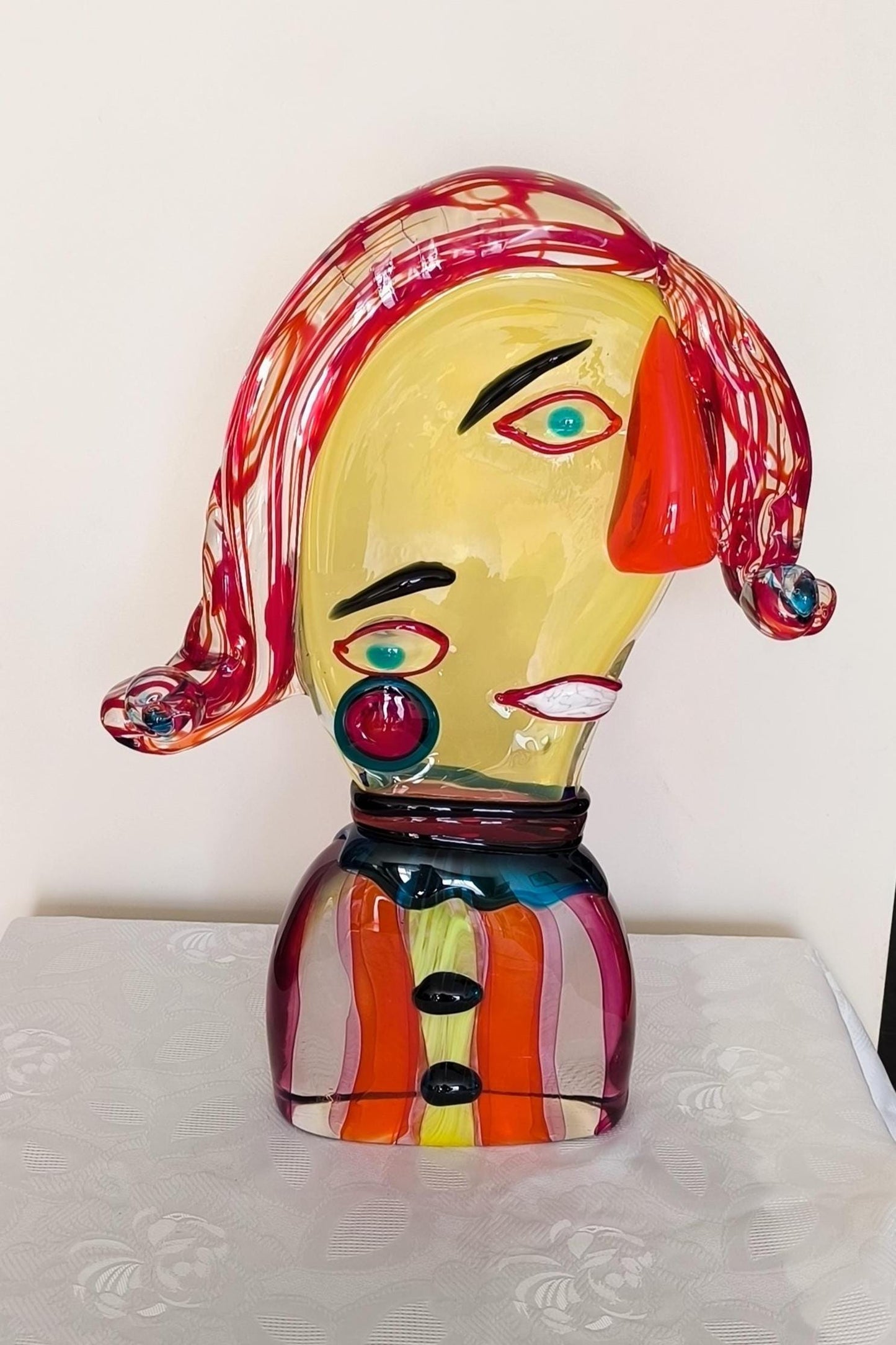Murano Glass Clown Head Sculpture, Costantini Mario, Signed 2000