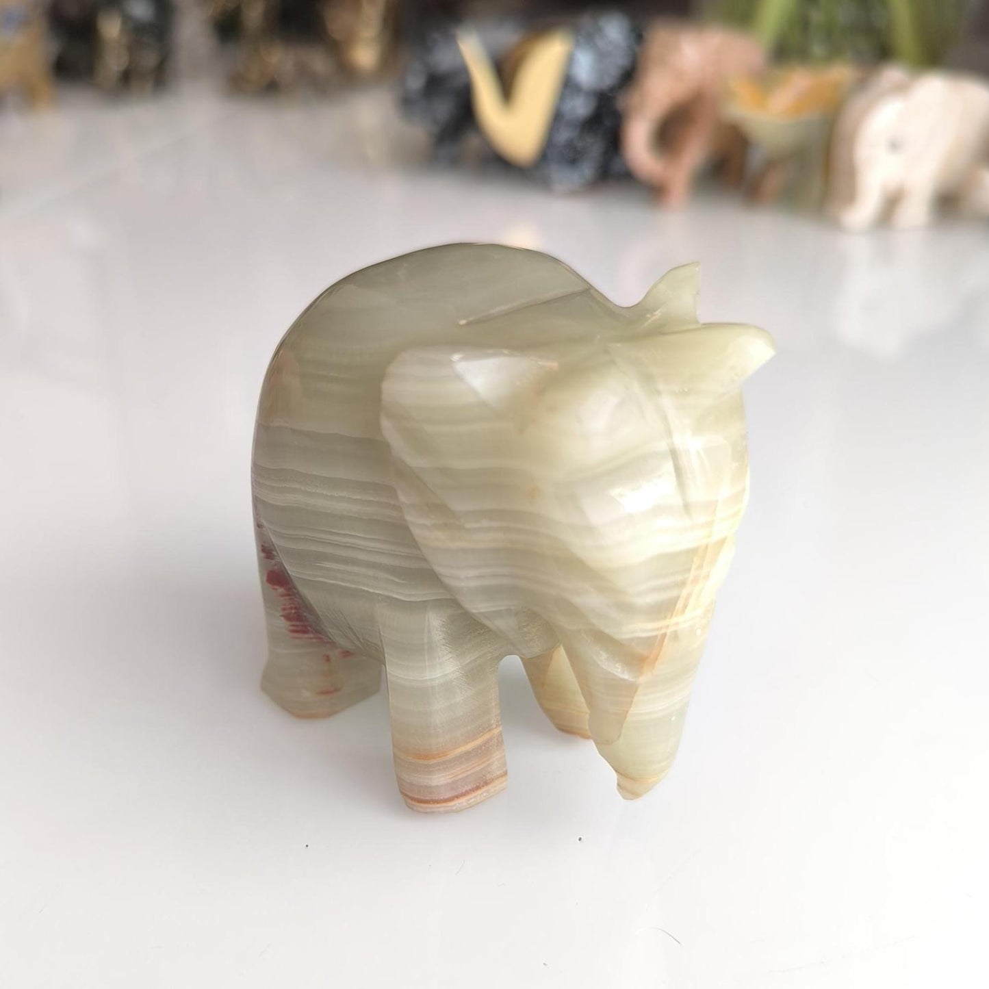 Handmade Heavy Light Green Onyx Elephant Statue with Gray Streaks, 1980s