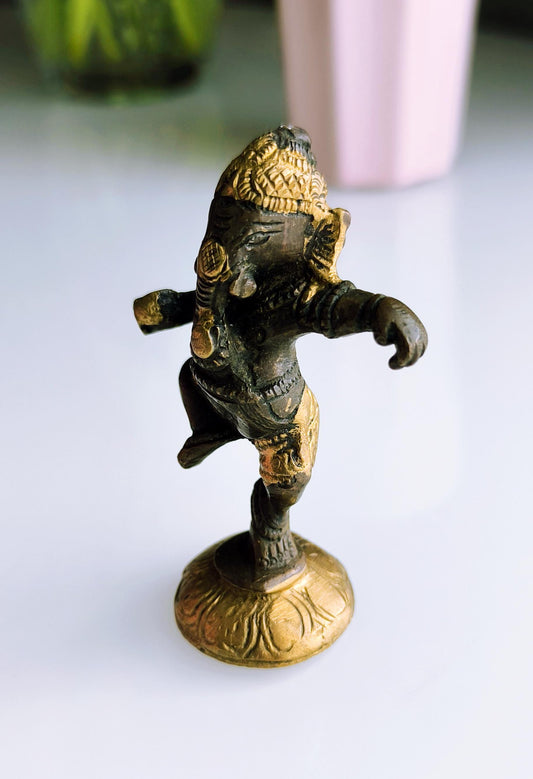 Small Bronze Dancing Ganesha Statue, Gold & Brown Tones, Hindu Elephant God, 1980s
