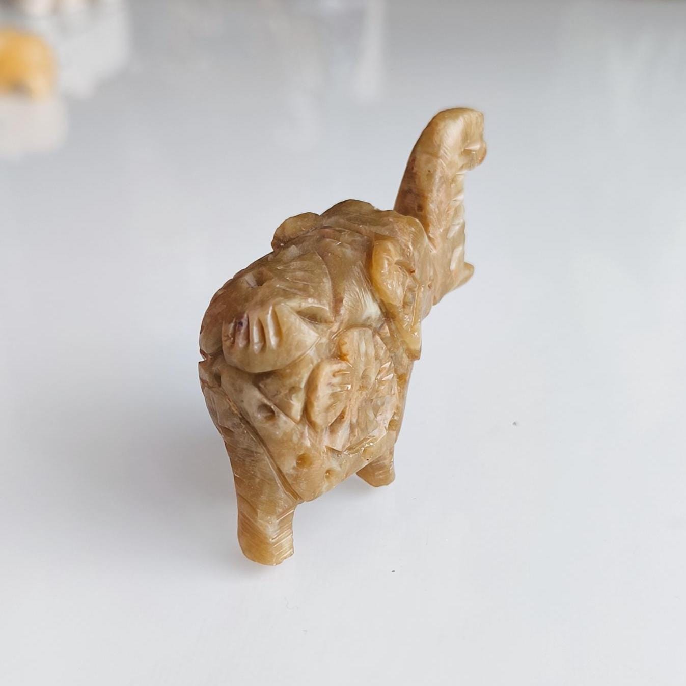 Small Khaki Stone Elephant Raised Trunk Asian Handmade 2000s