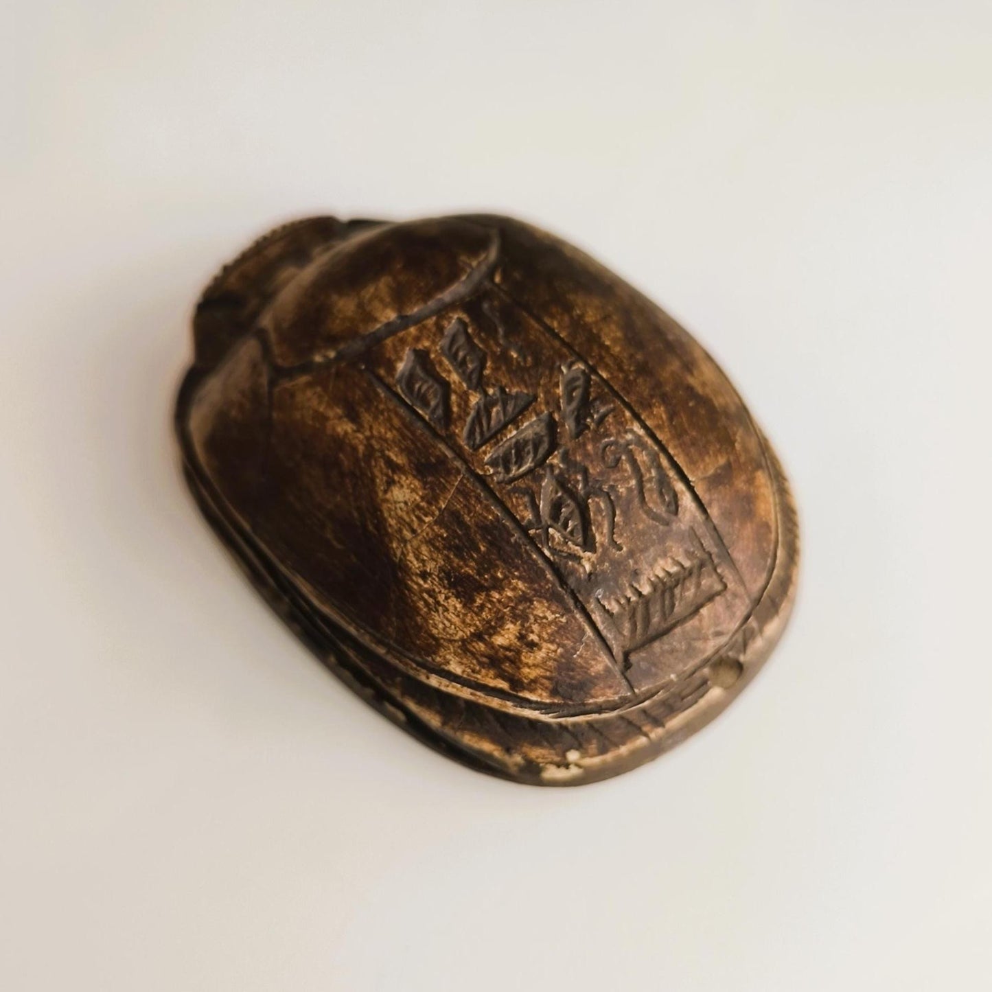 Carved Brown Stone Egyptian Scarab Beetle with Hieroglyphics, 1970s