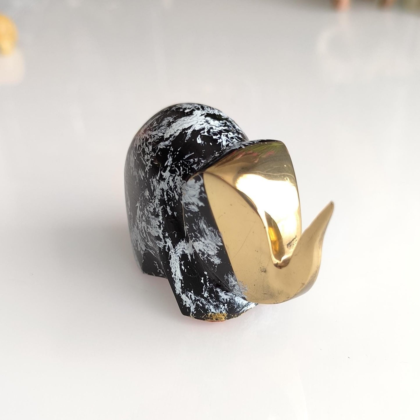 Handmade Small Black Elephant Statue with White Accents and Gold Head, 1980s