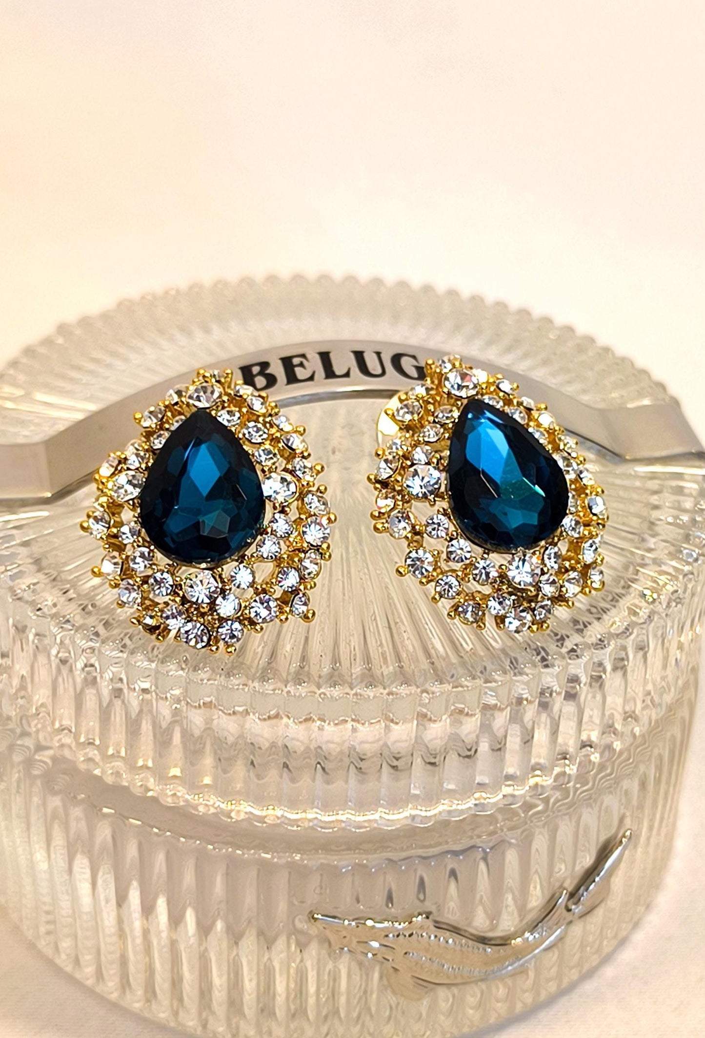 Vintage 2000s 14K Gold-Plated Stud Earrings with Blue Drop Swarovski Crystal & Diamond Accents