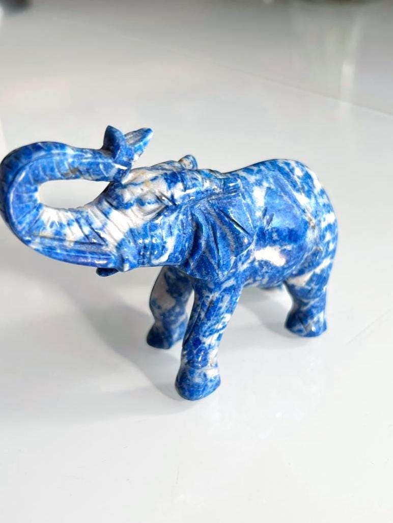 Lapis Lazuli Elephant Figurine Hand Carved 1970s