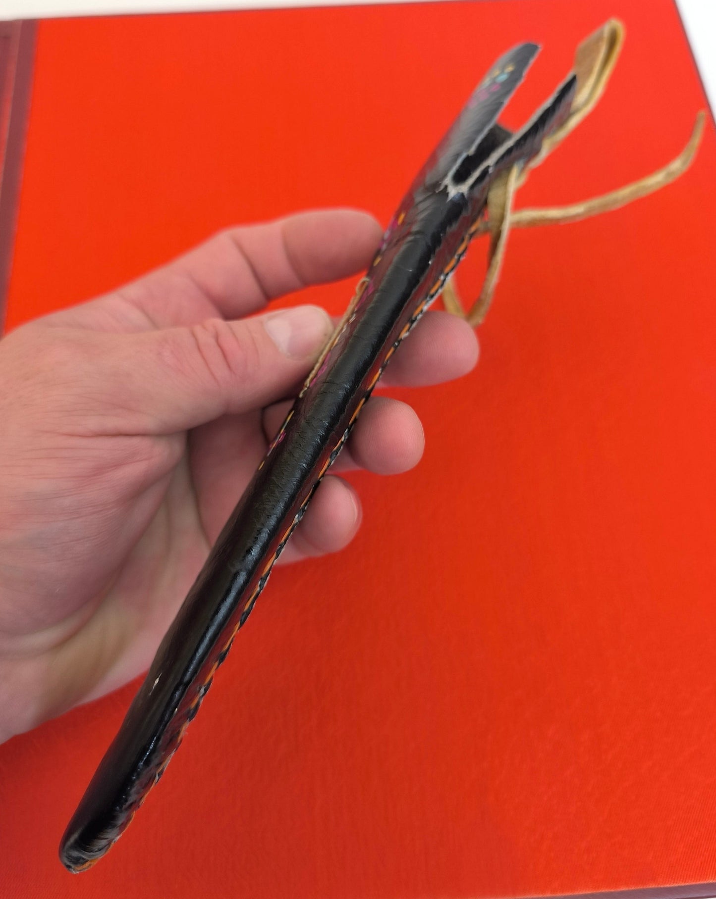 Handmade Knife Leather Case with Hand Processed Colorful Ornaments, Leather Sheath for Uzbek National Knife Pchak, Soviet Union