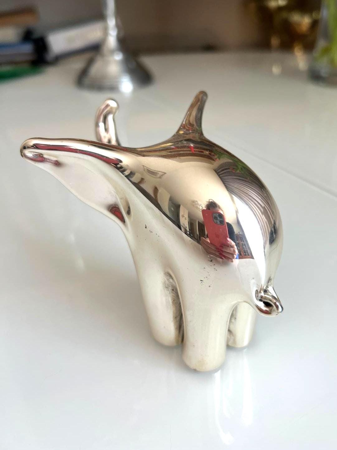 Chrome Ceramic Elephant Statue Modern 1970s Decor