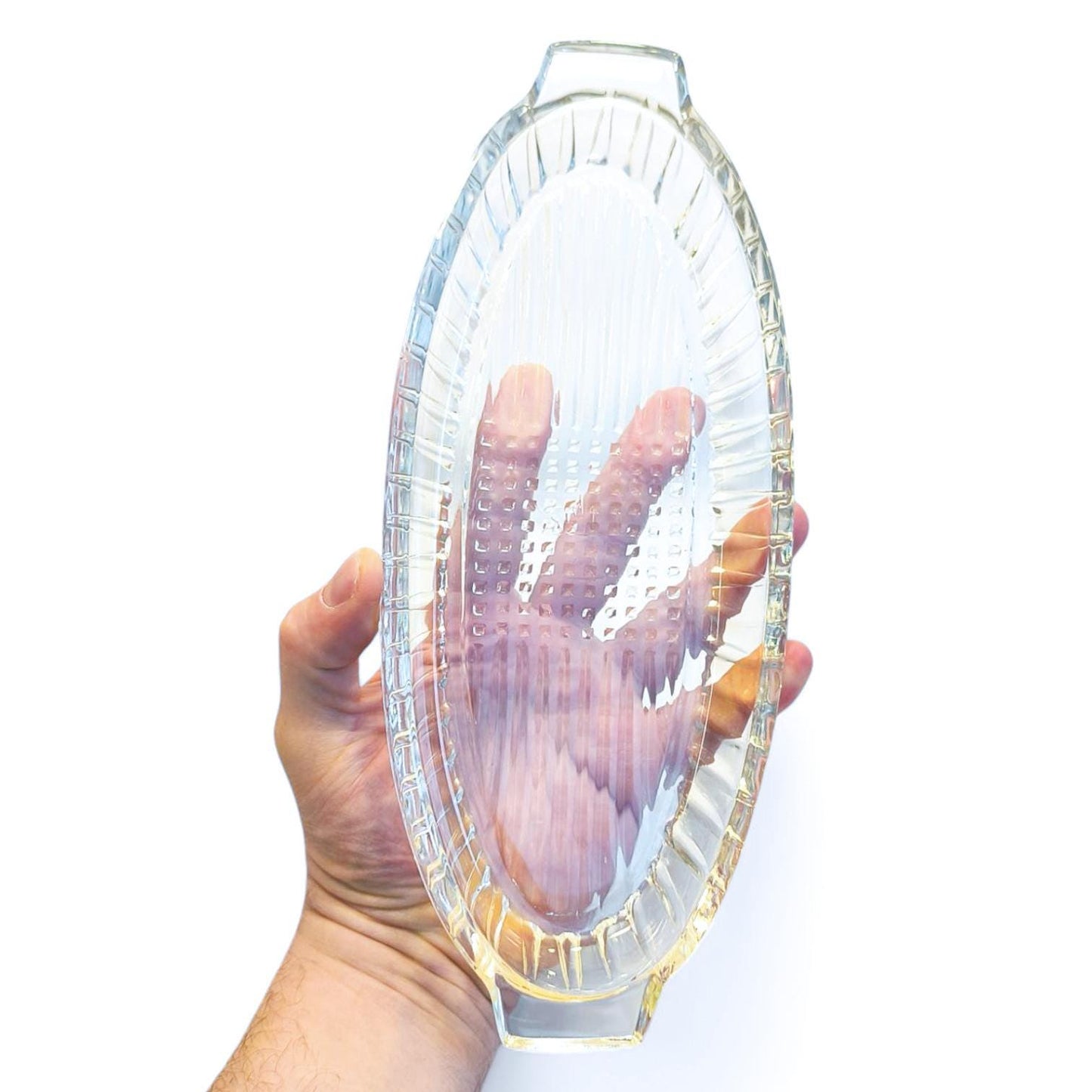 Crystal Serving Dish with Handles, Vintage Clear Glass Salad Bowl or Herring Platter, 1970s