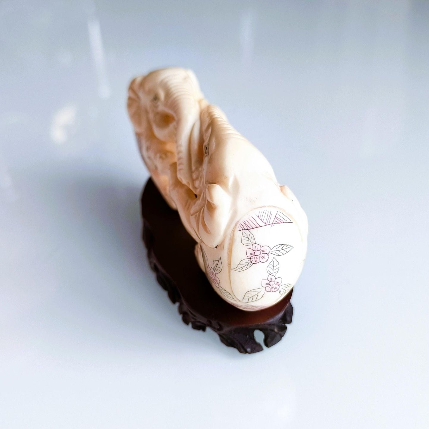 White Stone Two Elephants Sculpture On A Wooden Base, Handmade from 1960s