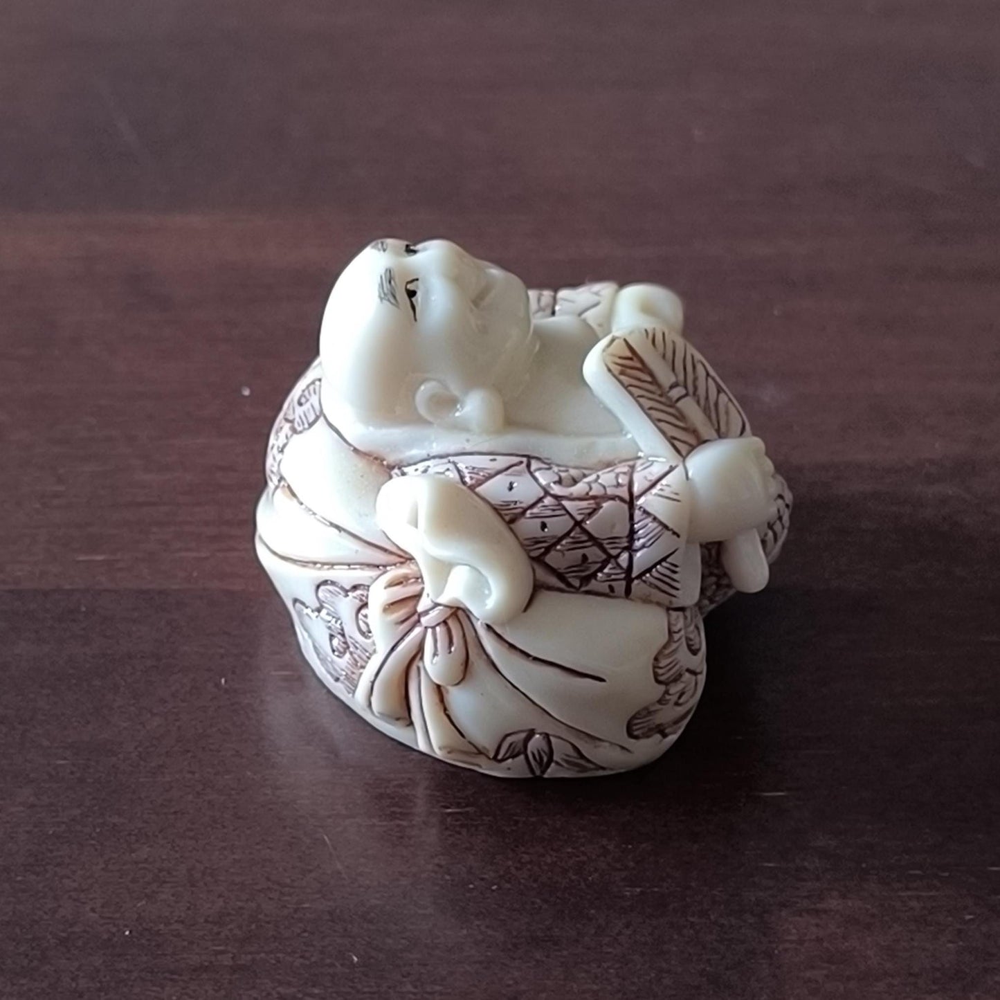 Japanese Resin Netsuke Happy Buddha Figurine Hand Painted, Carved 1970s