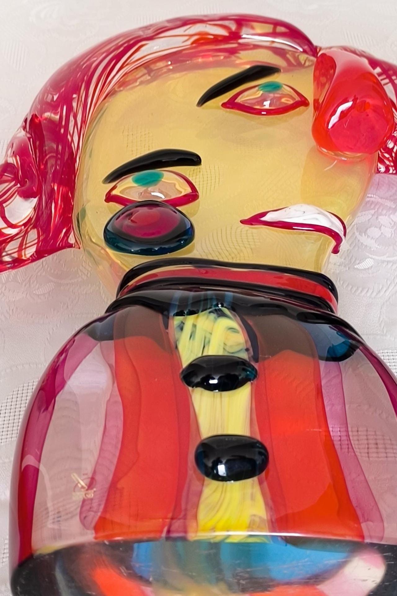 Murano Glass Clown Head Sculpture, Costantini Mario, Signed 2000