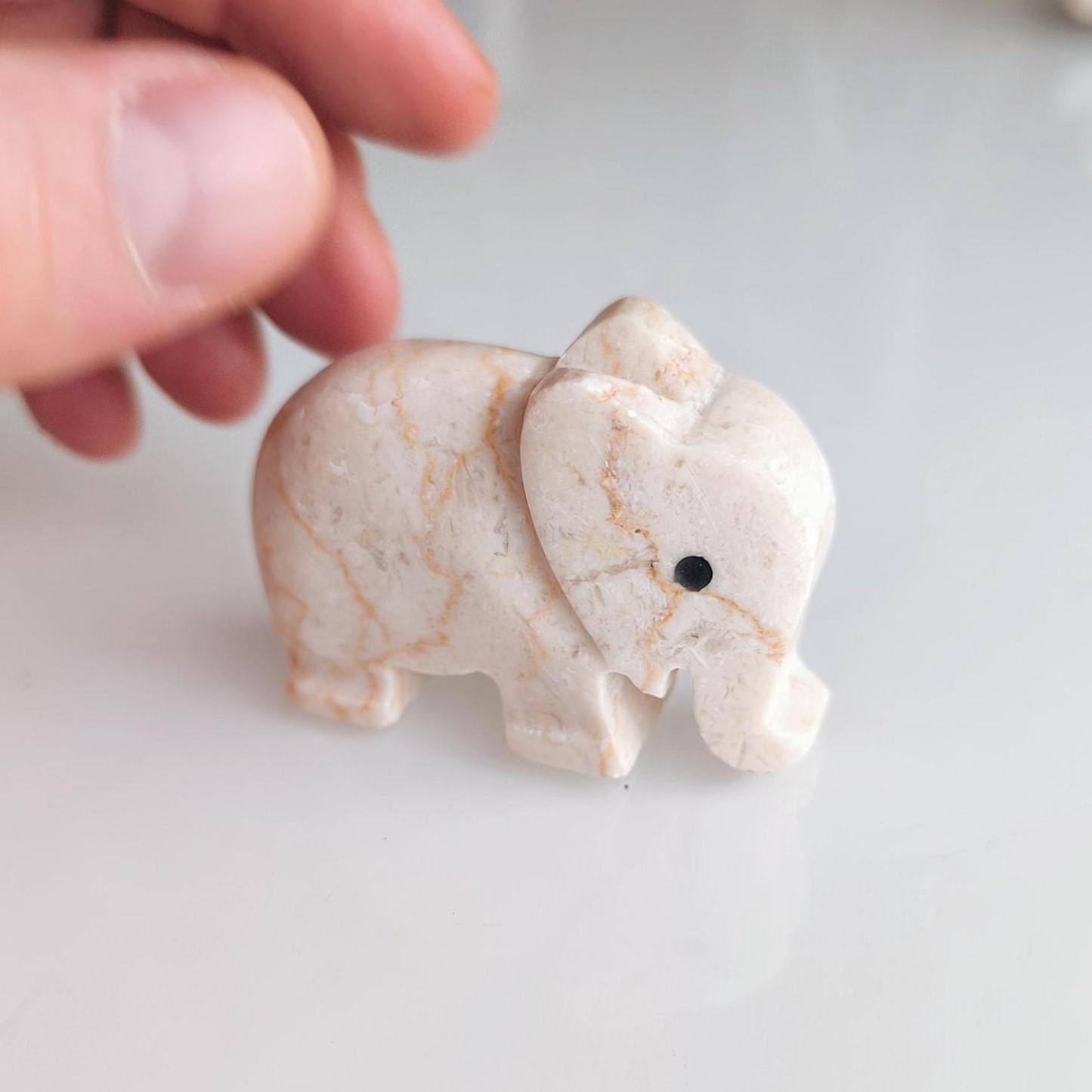Small White Stone Elephant Statue with Black Eyes, Handmade 2000s