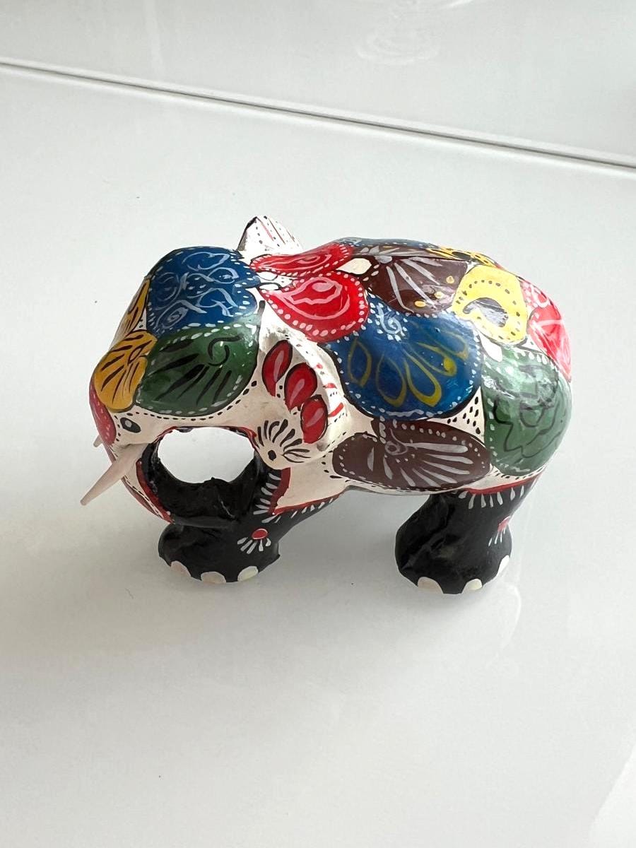 Hand Painted Wooden Elephant Figurine Ornament 1980s
