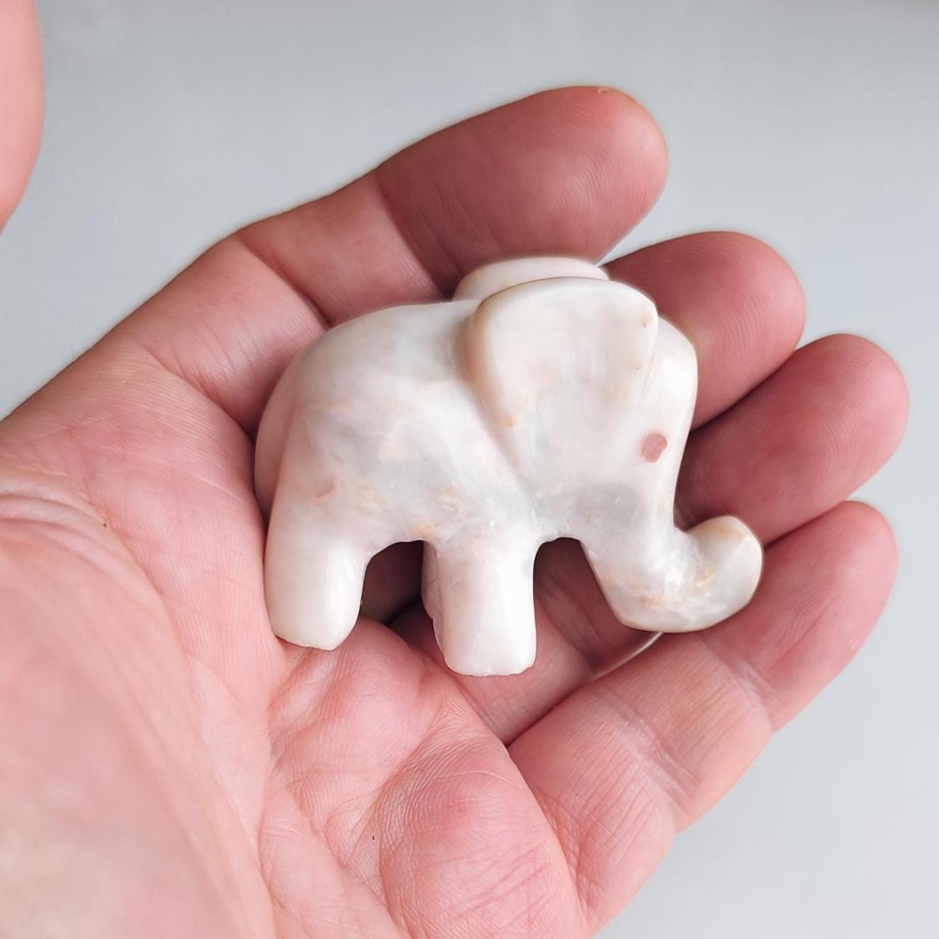 Small White Stone Elephant Statue with Red Eyes, Handmade 2000s