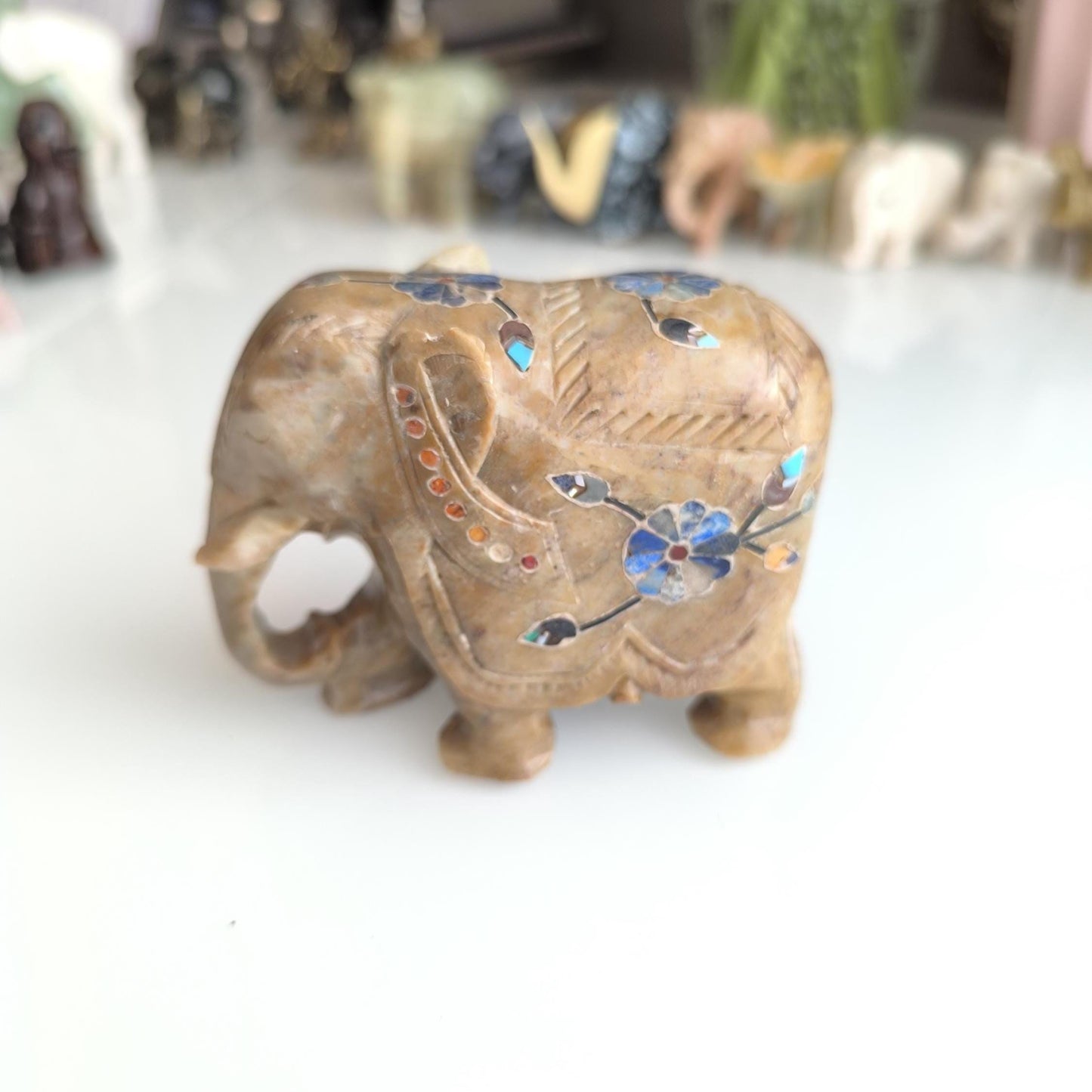 Hand-Carved Asian Elephant Statue with Inlaid Colored Stones, 1980s