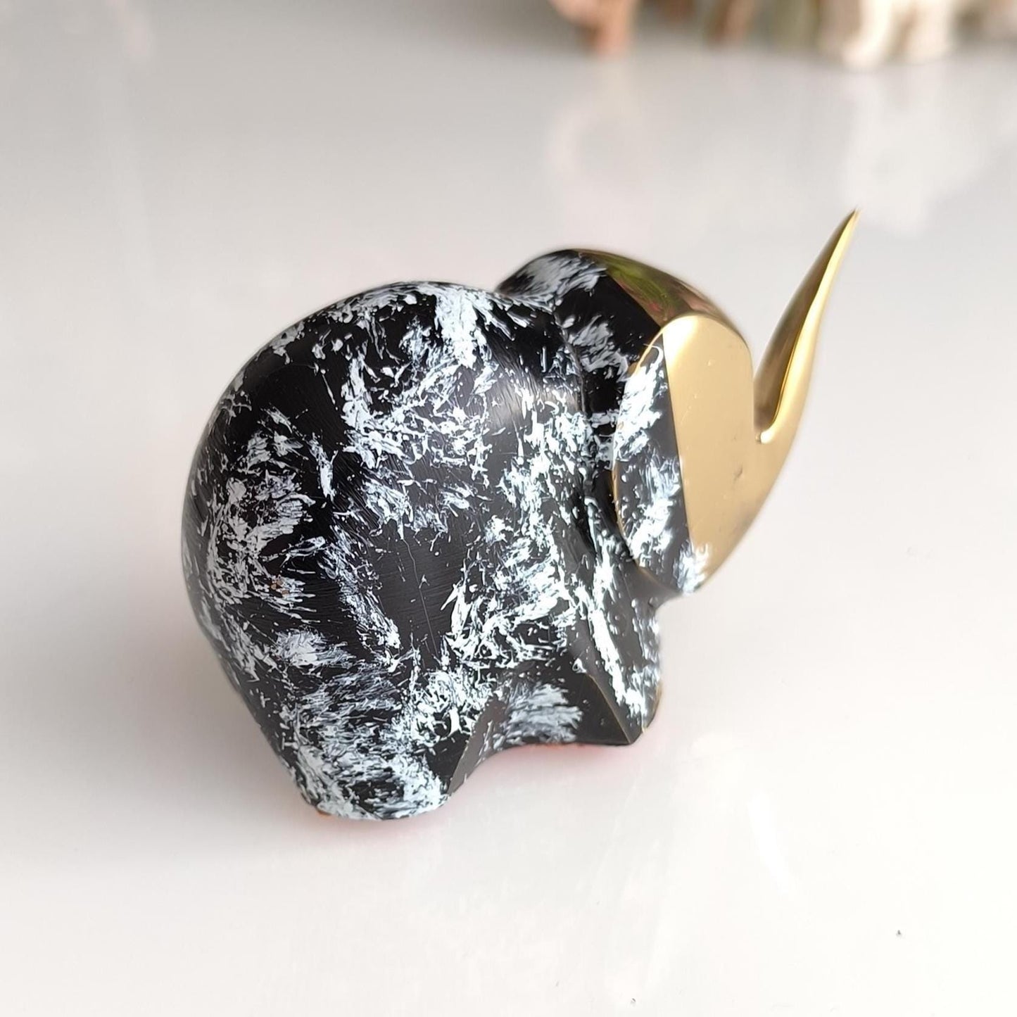 Handmade Small Black Elephant Statue with White Accents and Gold Head, 1980s