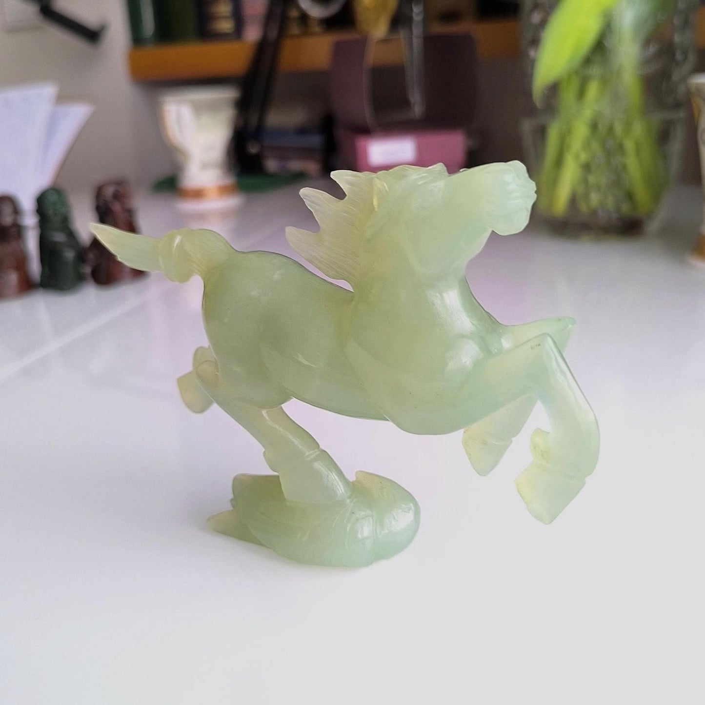 Handmade Light Green Jade Galloping Horse Statue on Bird Base, 1970