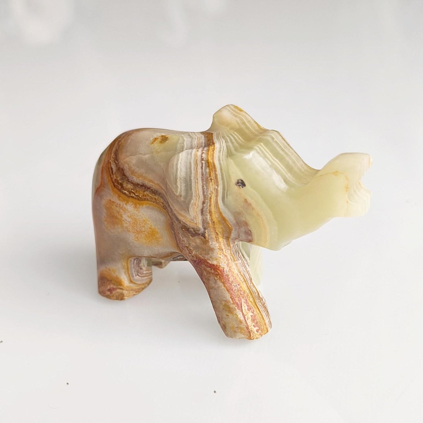 Handmade Small Striped Onyx Elephant Statue with Raised Trunk, 1990s