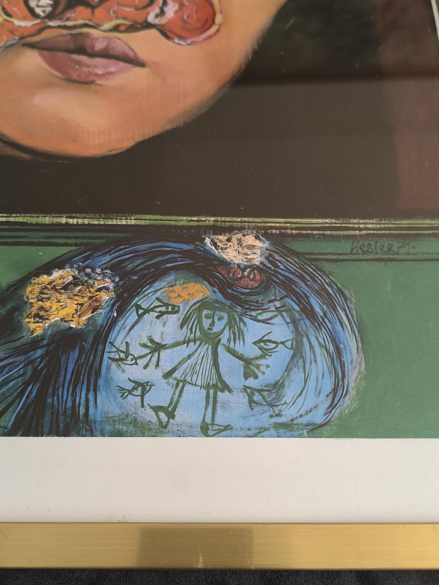 Surreal Etching by Josef Liesler, Face and Eyes, Signed 1971, Framed