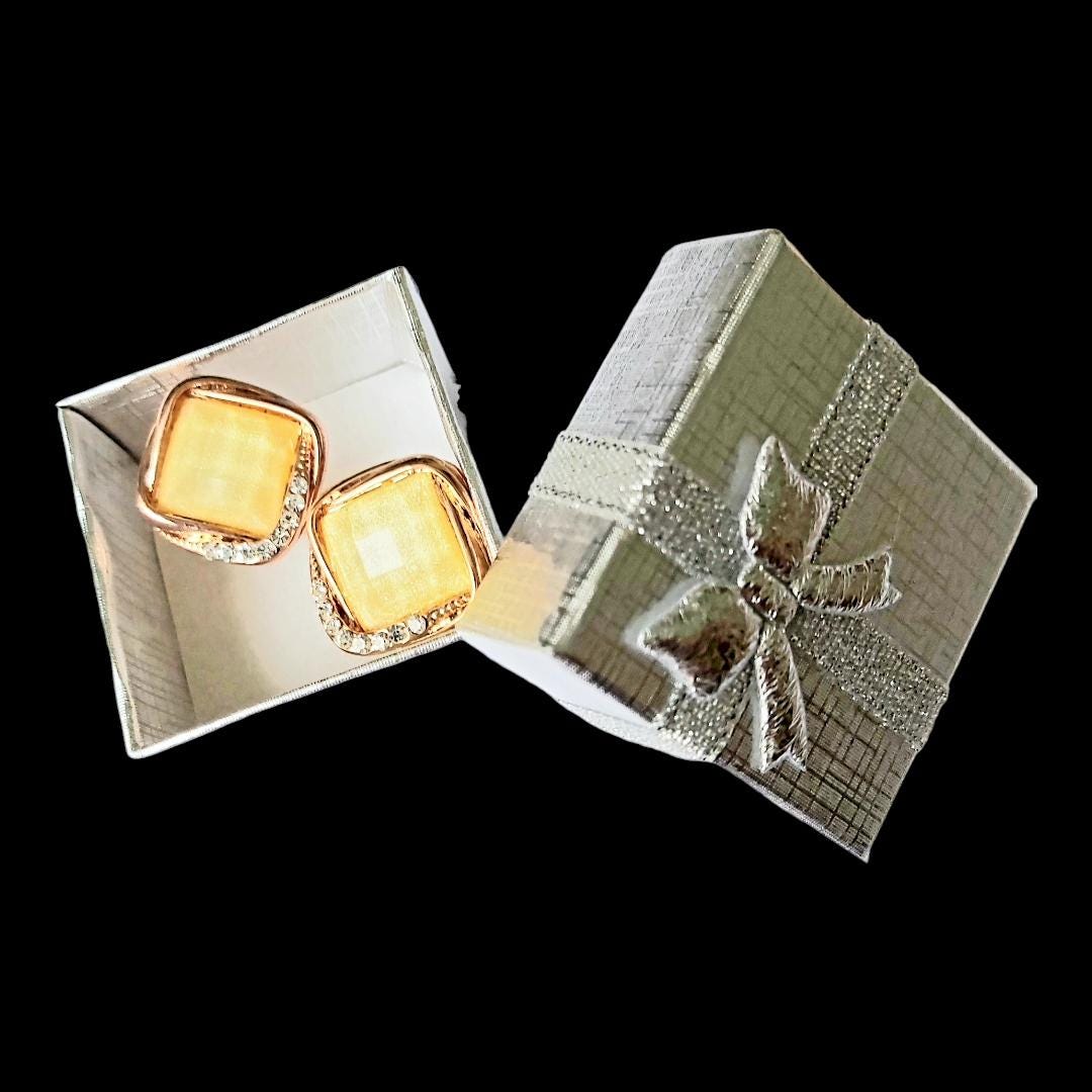 2000s 14K Gold-Plated Vintage Stud Earrings with Large Yellow Square Crystal & Small Diamond Accents