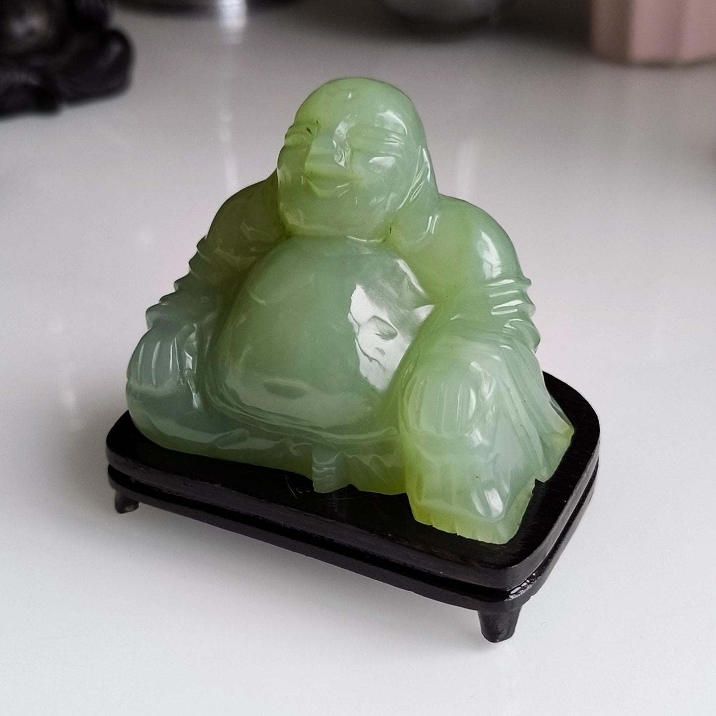 Green Nephrite Jade Carved Buddha Figure on Wooden Base, 1970
