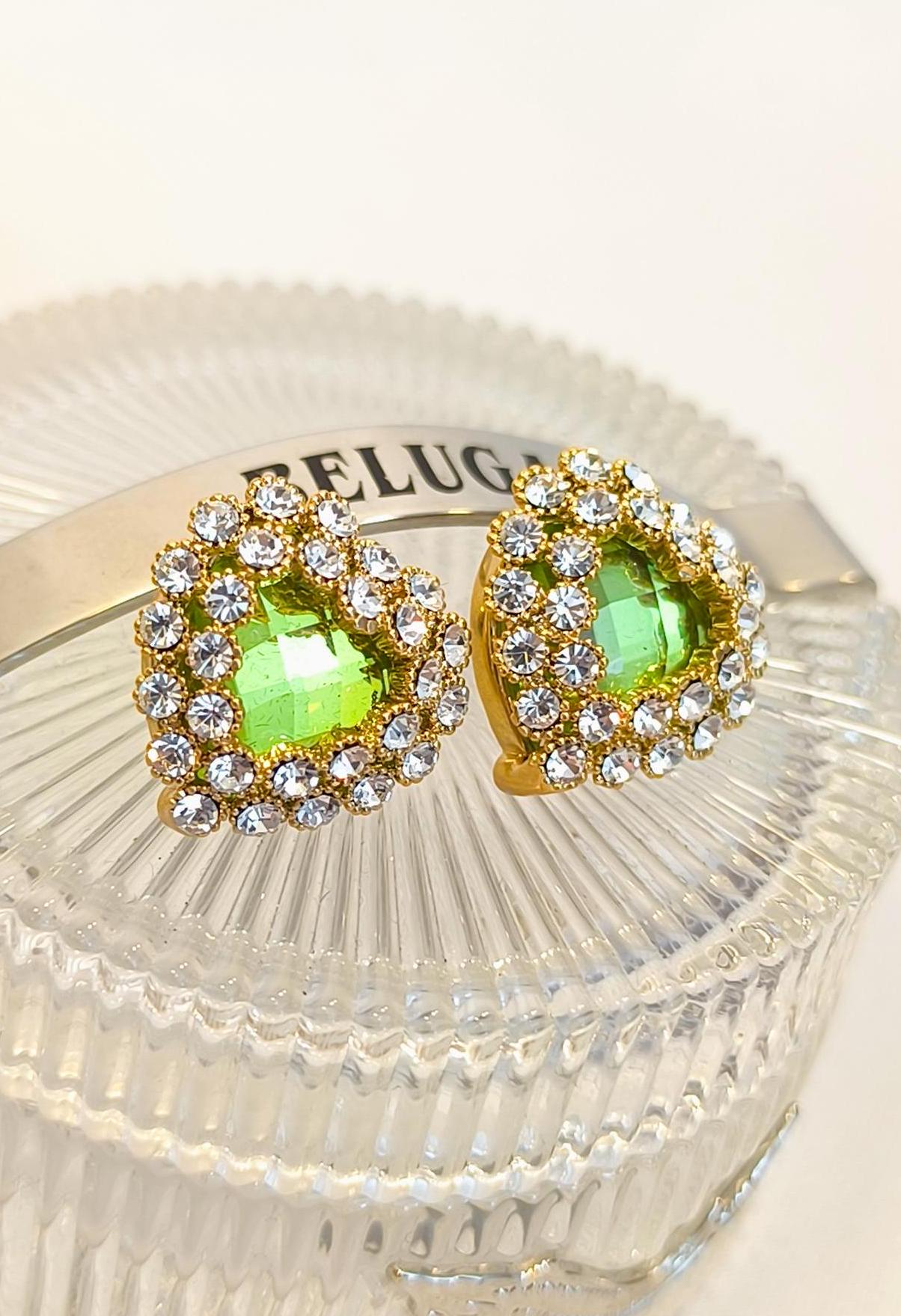 Vintage 2000s 14K Gold-Plated Stud Earrings with Green Heart-Shaped Swarovski Drop & Diamond Accents