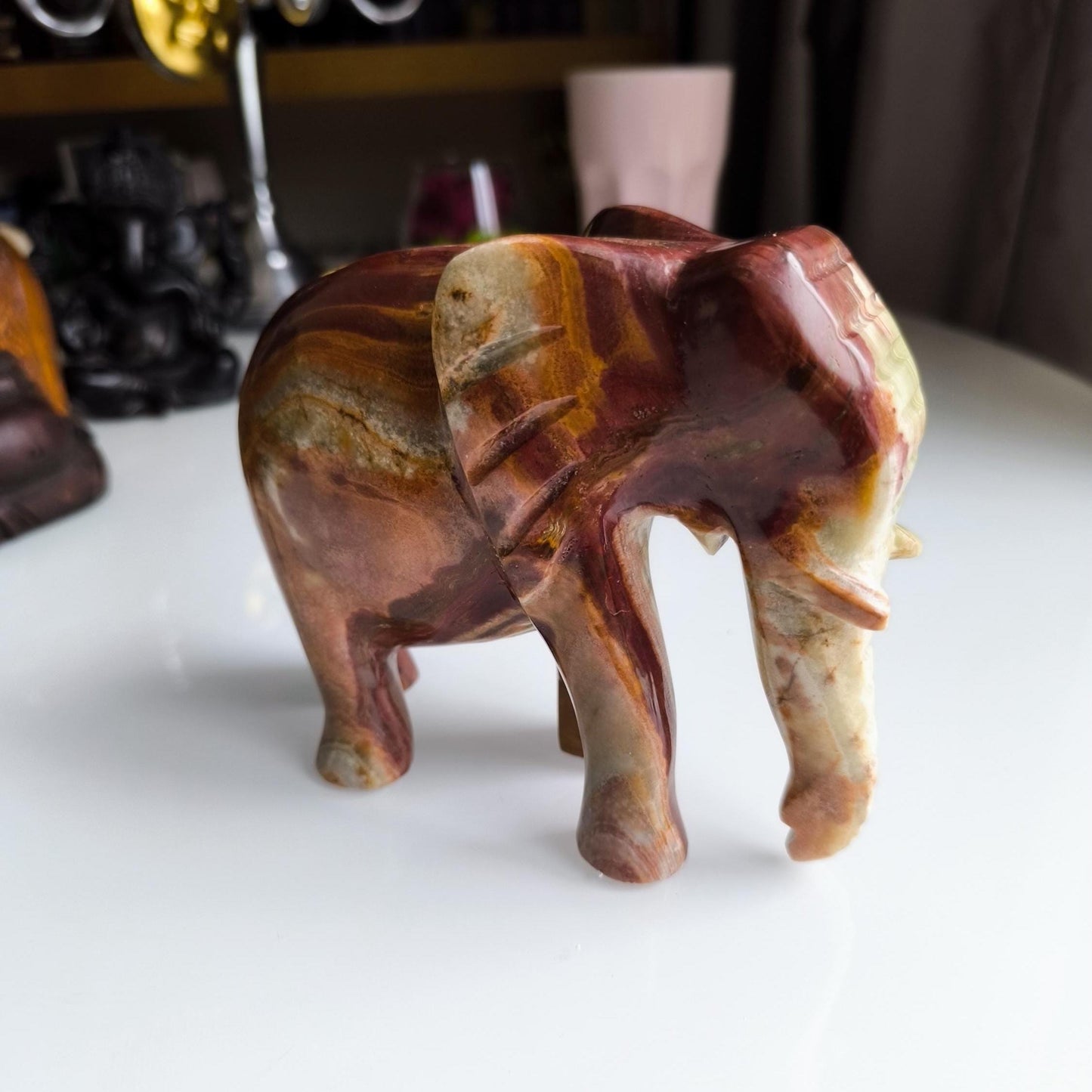 Vintage Handcrafted Onyx Elephant Sculpture, Brown & Green Stone, 16 cm, 1980s